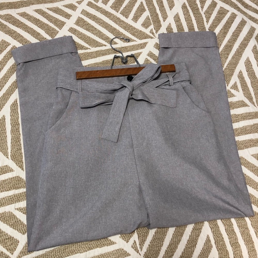 SHIEN Gray High-Waisted Paper Bag Tie Belt Pants